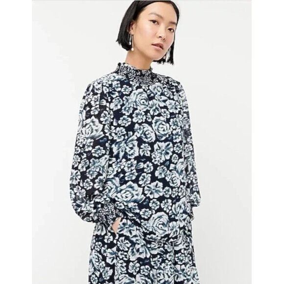 J. Crew Floral Crinkle Chiffon Smocked Blouse & Midi Skirt Set, Medium - Picture 1 of 16